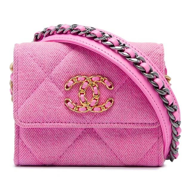 Pink Chanel Quilted Denim 19 Flap Coin Purse With Chain Crossbody Bag in Pink Denim from Designer Revival