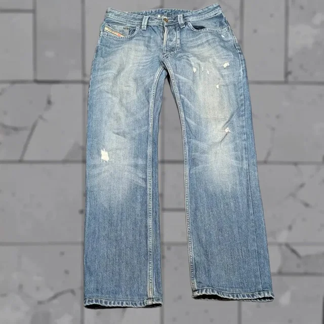 Diesel Jeans Mens 33x31 Regular Straight Leg Distressed Blue Denim Larkee, Men's (Size 32) in blue Denim from Grailed
