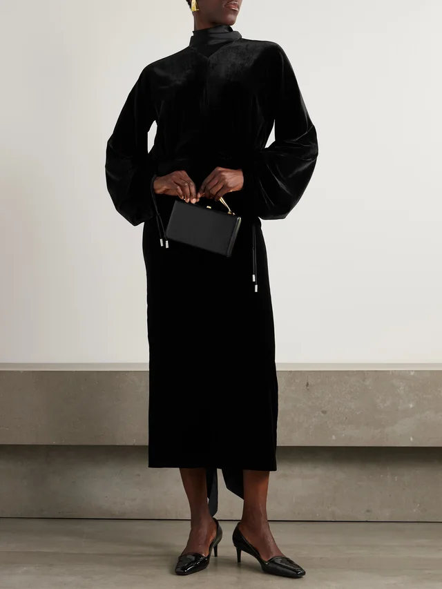 LANVIN Scarf-detailed satin-trimmed velvet midi dress in Black, photo 2 of 2 from NET-A-PORTER (Canada)