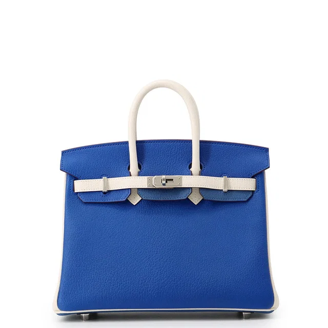 Hermès Birkin SPO Blue France/White Chevre Myzore Goatskin Size 25 in White Goatskin from GALLERY RARE