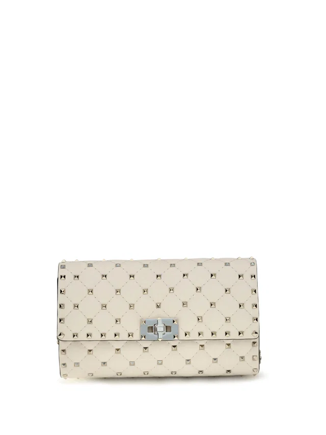 Valentino Garavani Rockstud Spike Shoulder Bag — Beige Calf Leather Bos Taurus in Beige Calfskin from HEWI