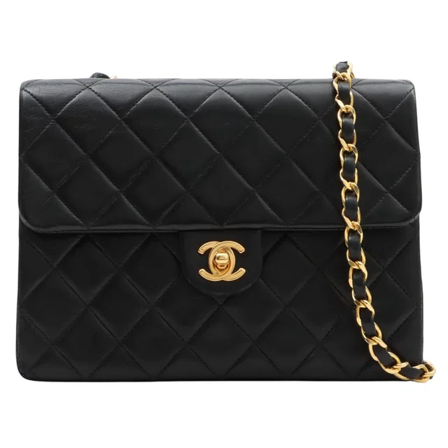 Chanel 1990's Square Classic Flap Chain Bag, Black in Black Lambskin from VINTAGE QOO TOKYO