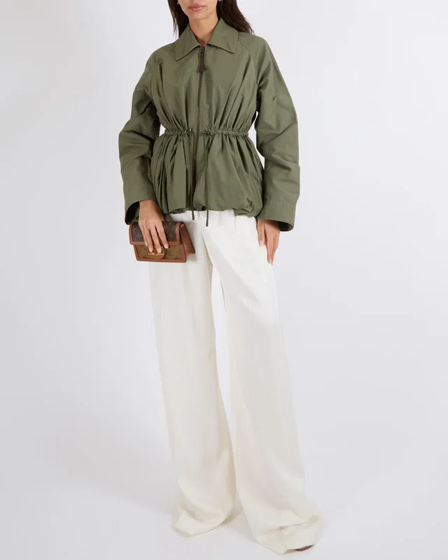 Loewe Khaki Drawstring-Waist Jacket with Leather Details and Back Logo Size FR 34 (UK 6) in Green Leather from Sellier