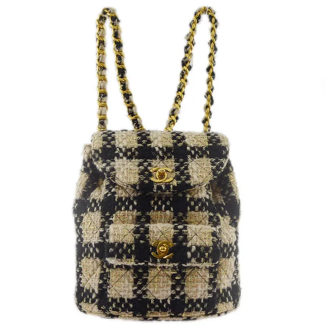 Chanel 1991-1994 Beige Black Tweed Duma Backpack Large in Black Tweed from AMORE Vintage Tokyo