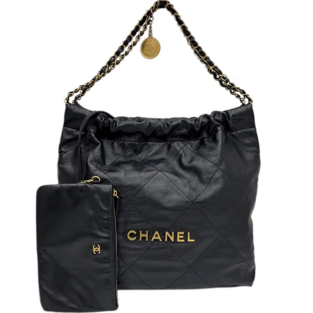 Bag Chanel 22 Medium Shoulder Black Gold Shinycalfskin in Black Calfskin from The Reluxe