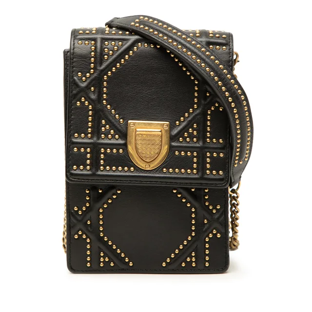 Black Dior Studded Leather Vertical Diorama Crossbody in Black Leather from Designer Revival