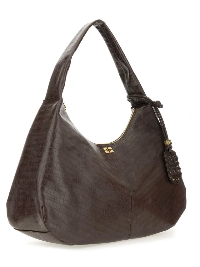 GANNI Crocodile-Textured Hobo Bag — Brown Rec Le in Brown Crocodile from HEWI