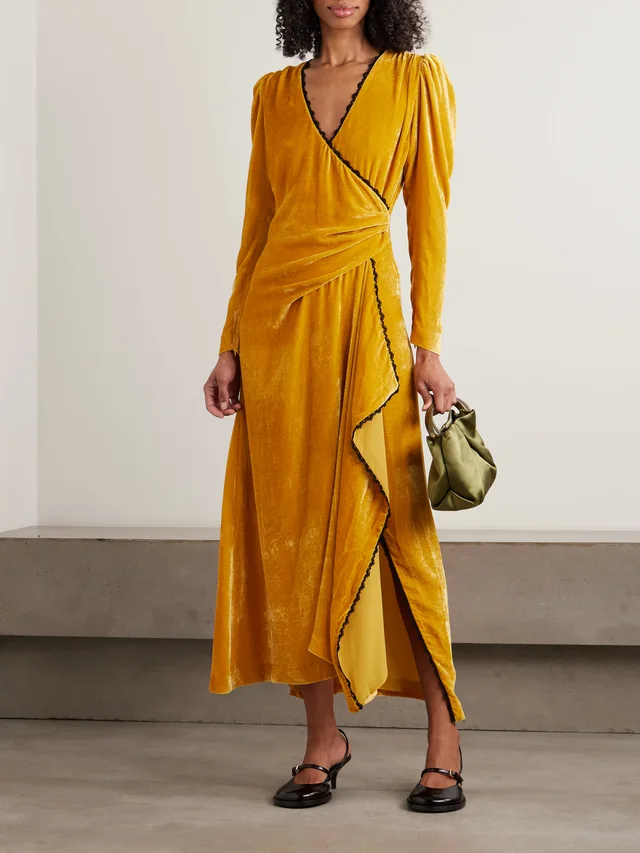 LA DOUBLEJ Wrap-effect draped lace-trimmed velour maxi dress in Yellow, photo 2 of 2 from NET-A-PORTER (Canada)