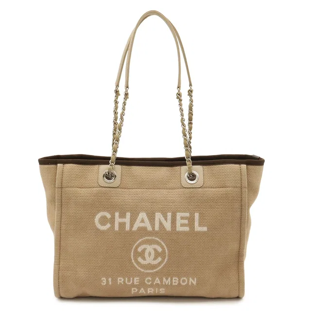 Chanel Deauville Line Tote MM Medium Chain Shoulder Bag Beige Brown Silver in Brown Canvas from The Reluxe