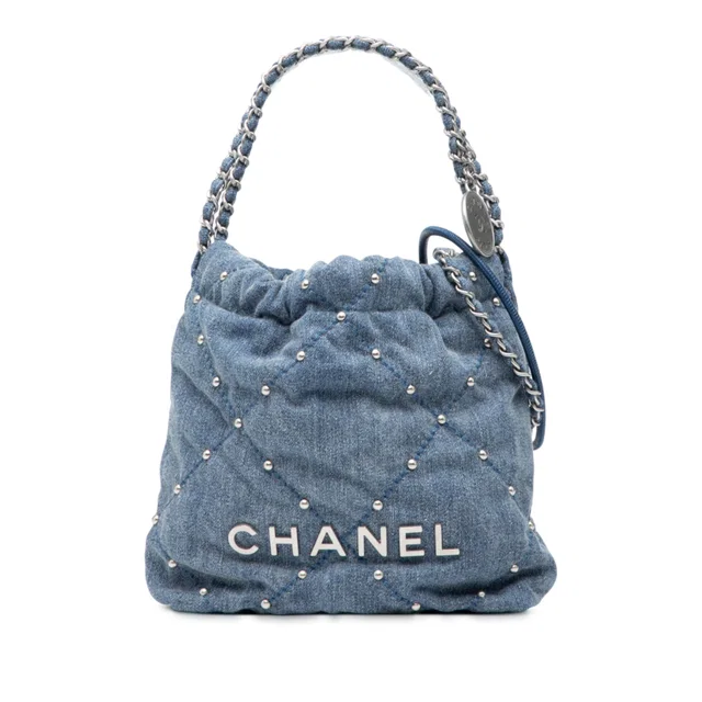 Blue Chanel Mini Denim Studded 22 Handbag Satchel in Blue Denim from Designer Revival