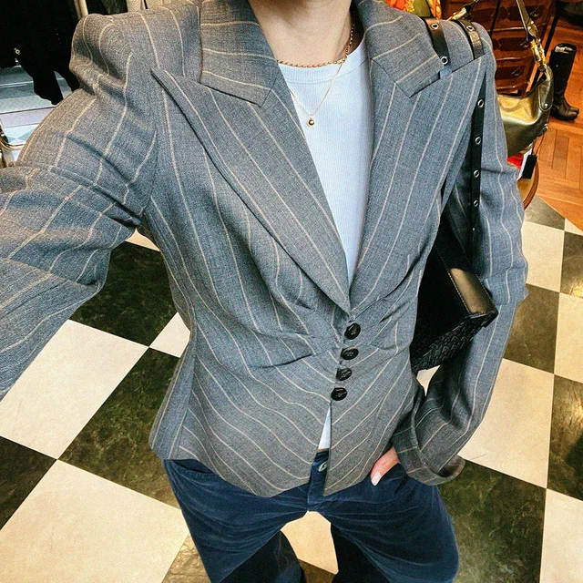 Giorgio Armani Striped Pattern Jacket #40 Gray in Grey Wool from VINTAGE QOO TOKYO
