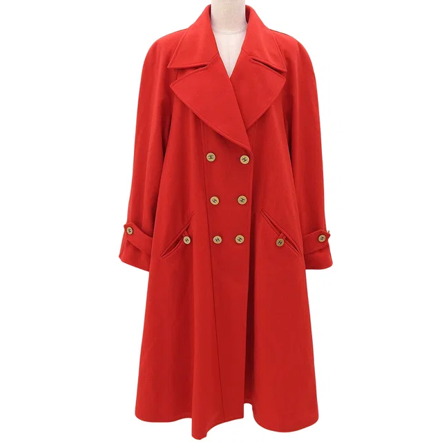 Chanel 1994 Cashmere CC Mark Button Double Breasted Long Coat #40 Red in Red Cashmere from VINTAGE QOO TOKYO