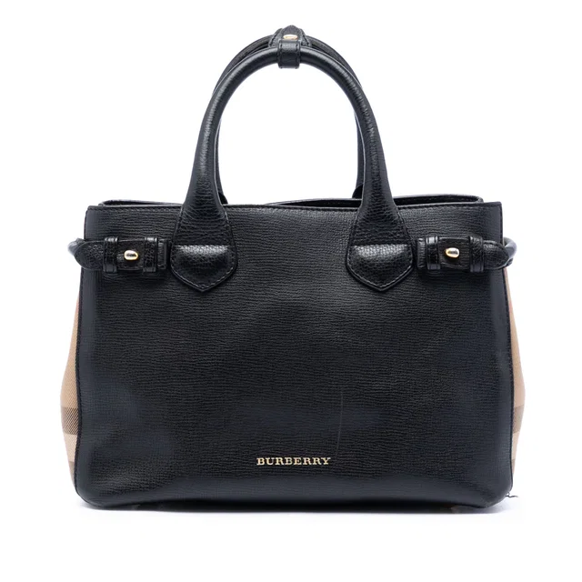 Black Burberry Small House Check and Leather Banner Satchel in Black Leather from Designer Revival