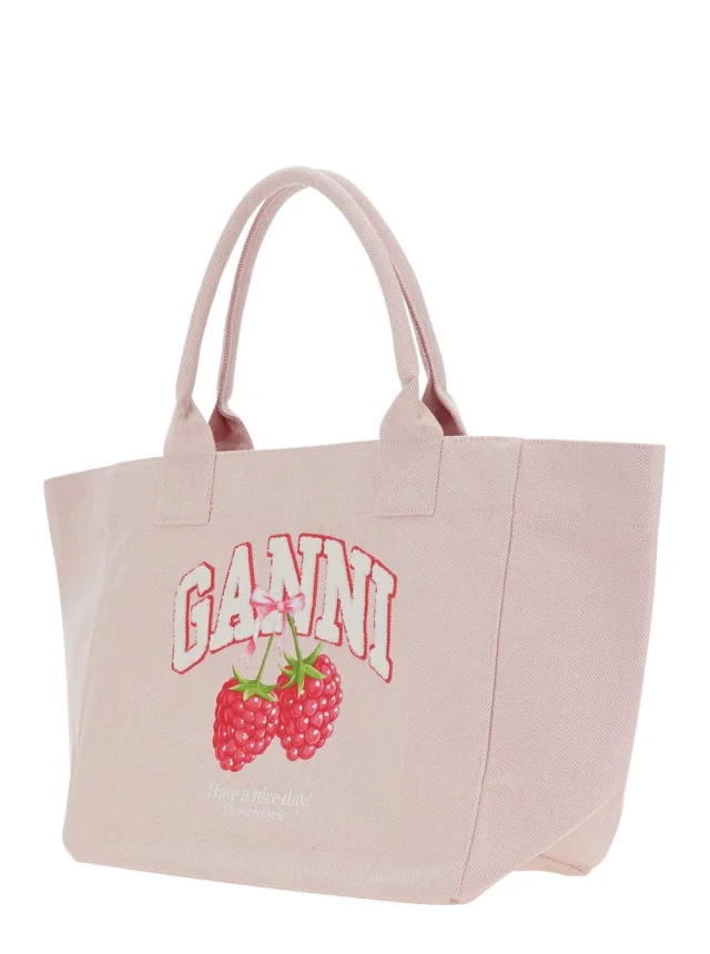 GANNI 'Trapeze Medium' Pink Tote bag with logo lettering and print on the front in cotton for women in Pink, photo 3 of 10 from Gaudenzi Boutique