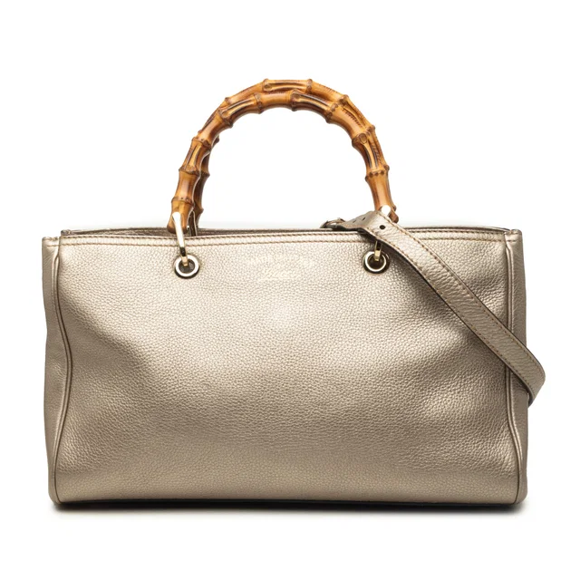 Gold Gucci Medium Calfskin Bamboo Shopper Satchel in Gold Calfskin from Designer Revival