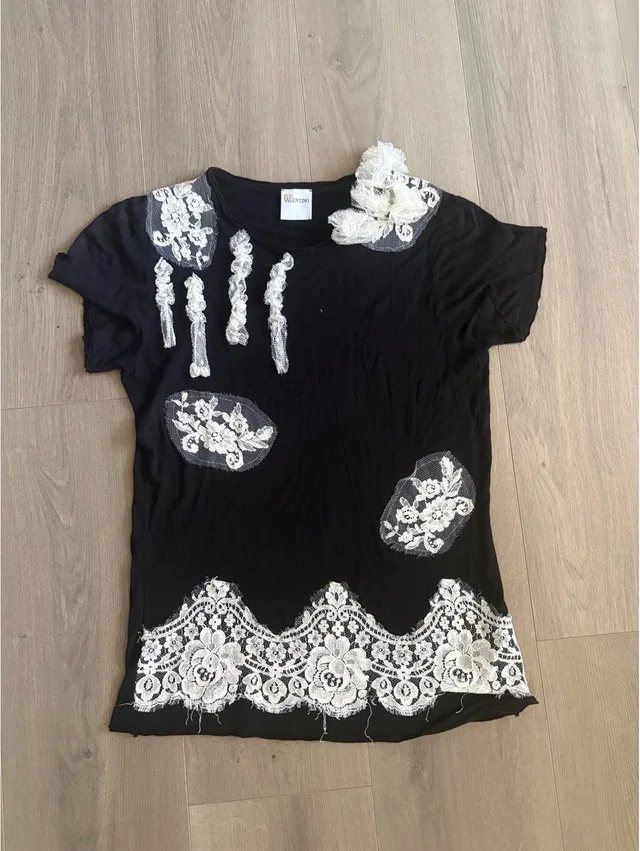 REDValentino Black Modal Blend T-Shirt With White Lace Appliqu in white|black from Poshmark