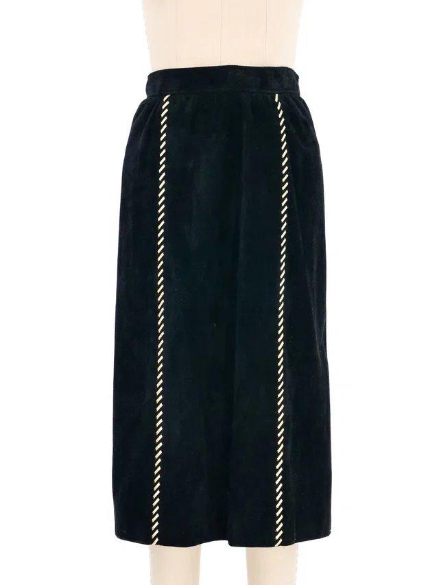 1984 Yves Saint Laurent Metallic Whipstitch Black Suede Skirt in Black Suede from Arcade Vintage