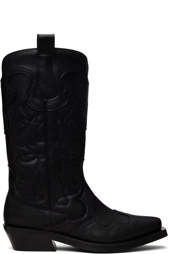 Black Mid Shaft Embroidered Western Boots, image 1 of 1 from SSENSE