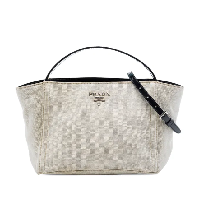 Brown Prada Linen Blend Satchel in Brown Canvas from Designer Revival