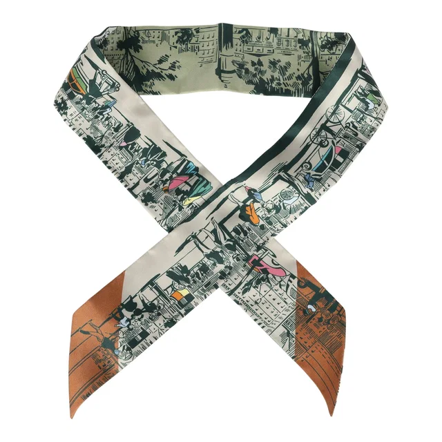 Hermès "A l'Ombre des Boulevards" Blanc, Vert, Gris Silk Twilly Pair in White Silk from Madison Avenue Couture
