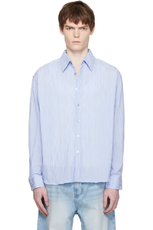 Blue Semi-Overfit Wrinkle Stripe Shirt, image 1 of 1 from SSENSE