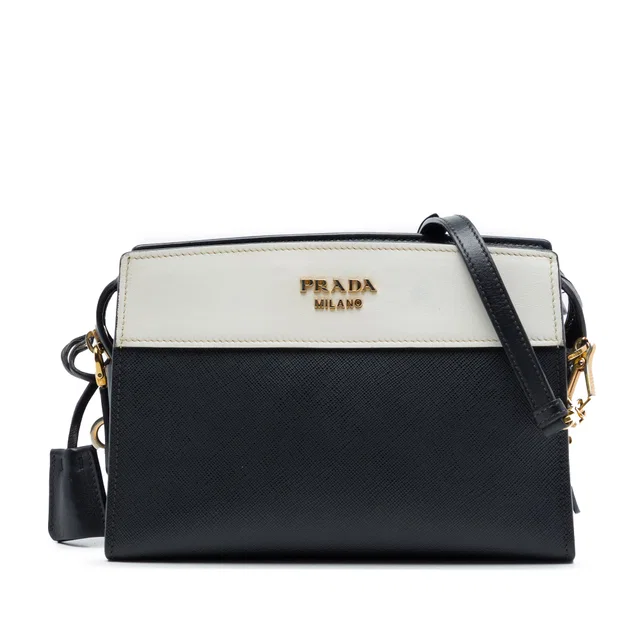Black Prada Bicolor Saffiano and City Calf Esplanade Crossbody in Black Saffiano leather from Designer Revival