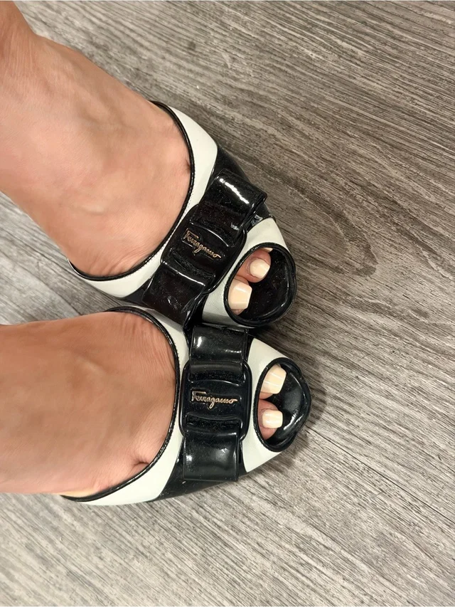 Ferragamo Black And White Patent Peep-Toe Heels in black|white Patent leather from Poshmark