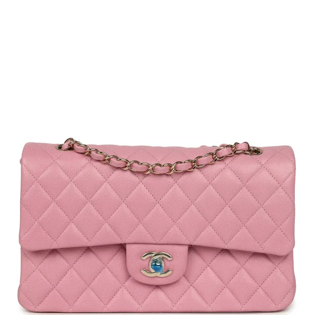 Chanel Medium Classic Double Flap Bag Pink Shiny Caviar Light Gold Hardware in Pink Caviar leather from Madison Avenue Couture