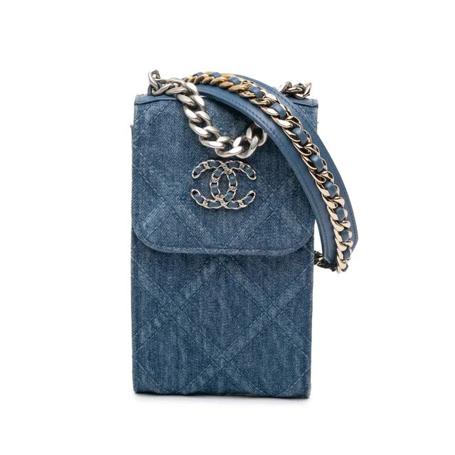 Blue Chanel Denim 19 Phone Holder with Chain Satchel in Blue Denim from Designer Revival