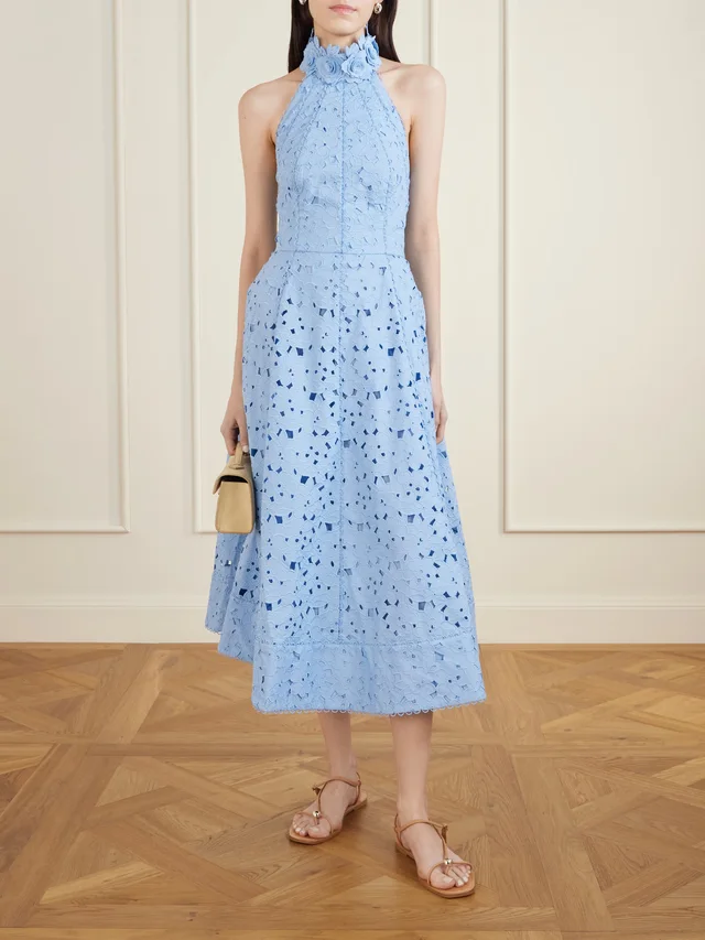 REBECCA VALLANCE Nuvola appliquéd broderie anglaise cotton halterneck midi dress in Blue, photo 2 of 2 from NET-A-PORTER (Canada)