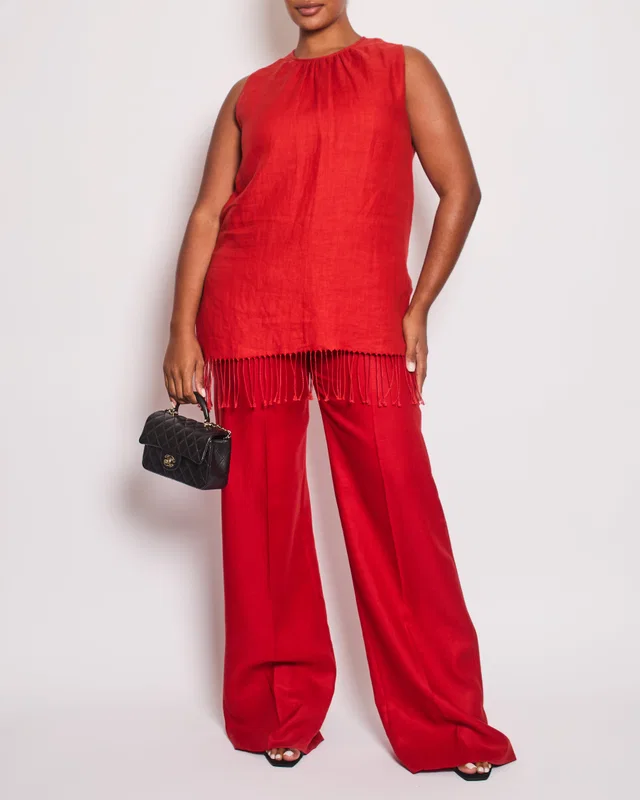 Max Mara Red Linen Sleeveless Top and Trouser Set with Fringing Size IT 48 (UK 16) in Red from Sellier