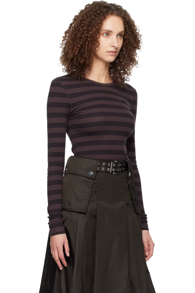 GANNI Brown & Black Stripe Rib Longsleeve T-shirt, photo 2 of 2 from SSENSE