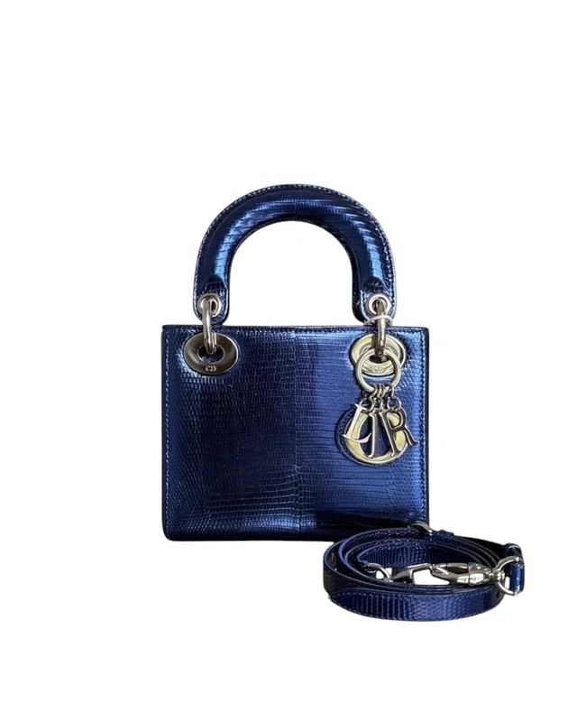 Dior Lady Mini - Exotic Lizard Blue Silver Hardware in Blue Lizard from Luxury Promise