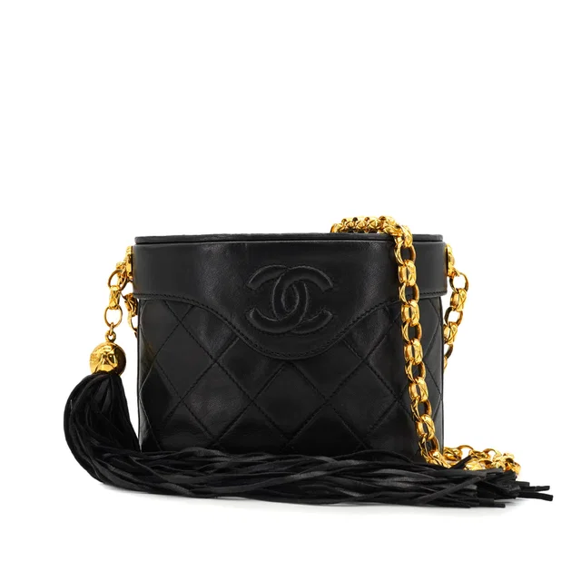 Chanel Vintage Matelasse Bijou Chain Shoulder Bag Fringe Black Lamb Skin Gold Hardware in Black from Luxury Promise