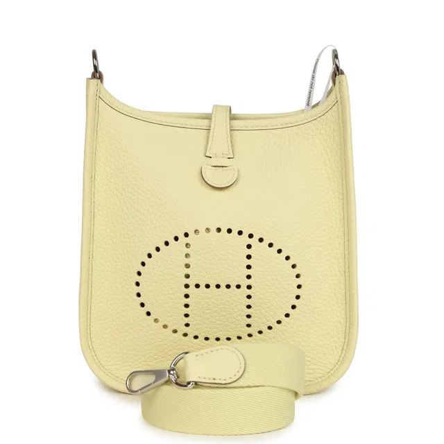Hermès Evelyne TPM Jaune Milton Clemence Palladium Hardware in Yellow Clemence leather from Madison Avenue Couture
