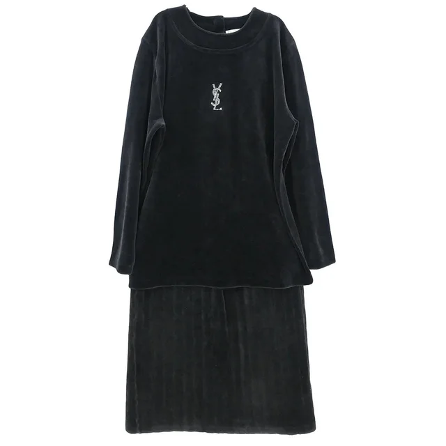 Saint Laurent Setup Suit Top Skirt Black #L in Black Nylon from AMORE Vintage Tokyo