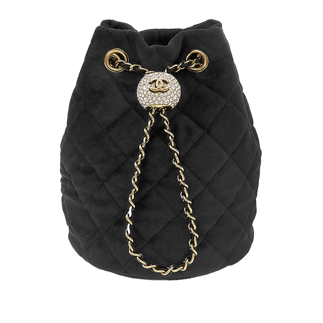 Black Chanel Quilted Velvet Crystal Pearl Crush Bucket Bag in Black Velvet from Designer Revival