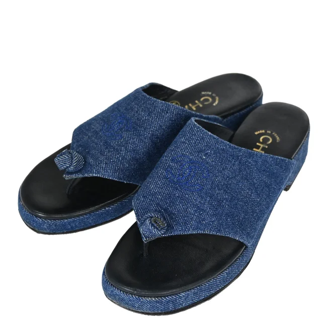 Chanel Indigo Denim Mules Shoes #37 in Denim from AMORE Vintage Tokyo