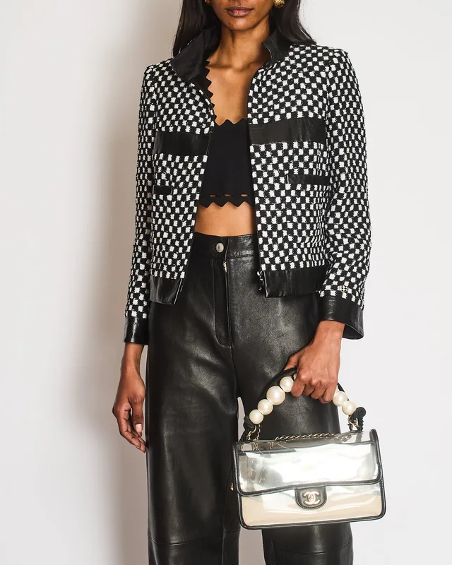 Chanel Black and White Checkered Jacket with Sequin Embellishments and Leather Trims with Black and… in Black Leather from Sellier, photo 2 of 2