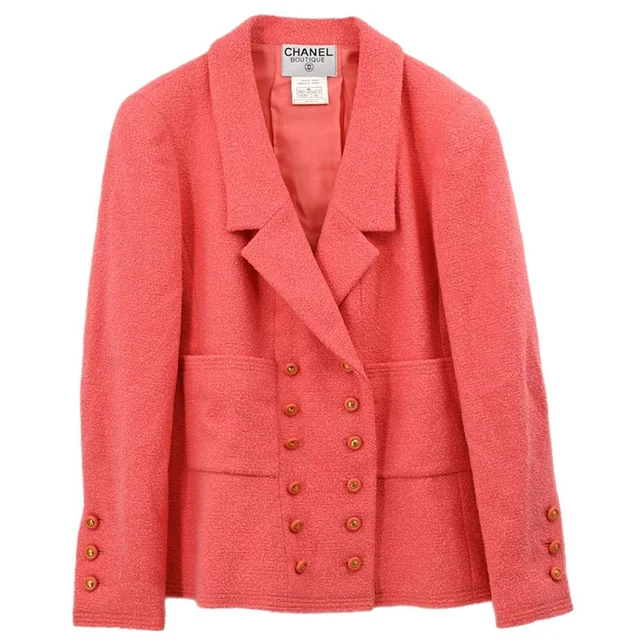 Chanel 1996 Double Breasted Tweed Jacket Pink #42 in Pink Tweed from AMORE Vintage Tokyo