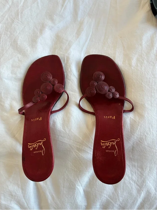 Christian Louboutin Burgundy Coil-Detail Kitten Heel Sandals in red Leather from Poshmark
