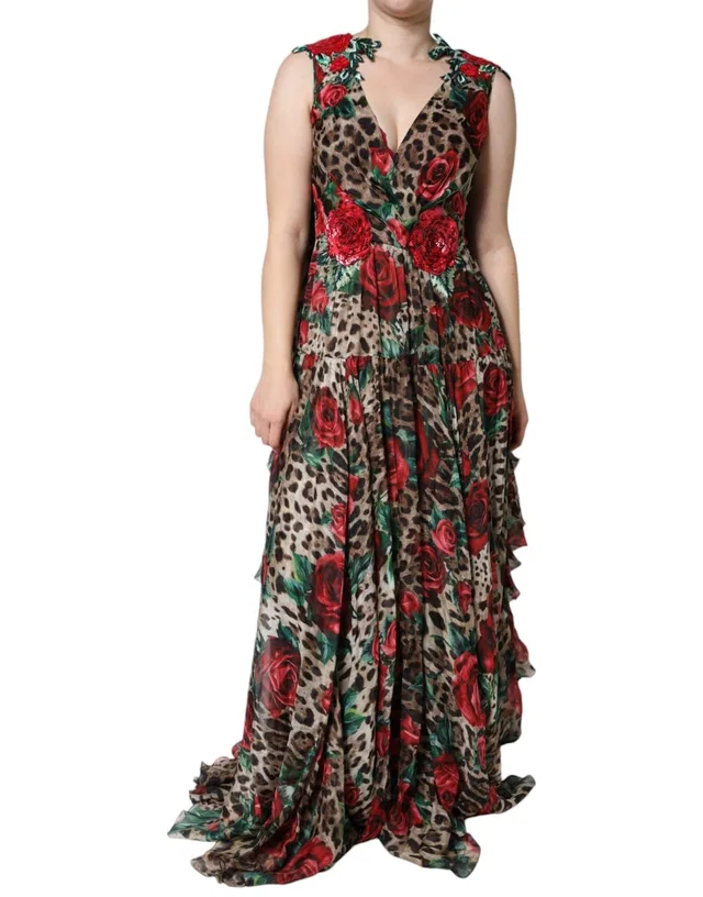 Dolce & Gabbana Brown Leopard Red Roses Silk Long Gown Dress in Brown Silk from Luxury Promise