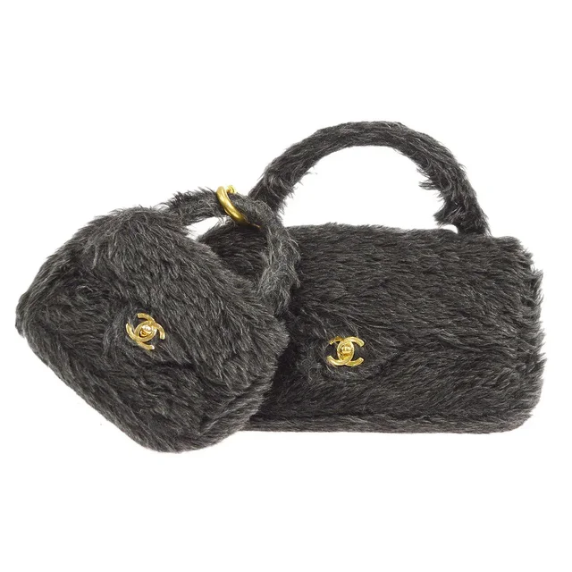 Chanel 1991-1994 Classic Flap Handbag Set Black Fur in Black from AMORE Vintage Tokyo