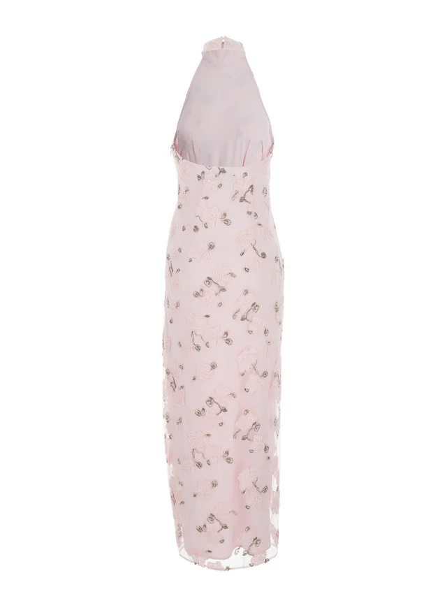 Rotate Long Dress 'Floral' with Open Back in Pink Fabric for Women in Pink 100% Polyester, photo 4 of 6 from Gaudenzi Boutique