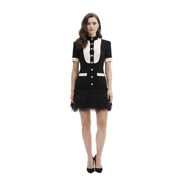 Balmain & white tweed tuxedo dress with feather trim in Black Tweed from Designer Revival