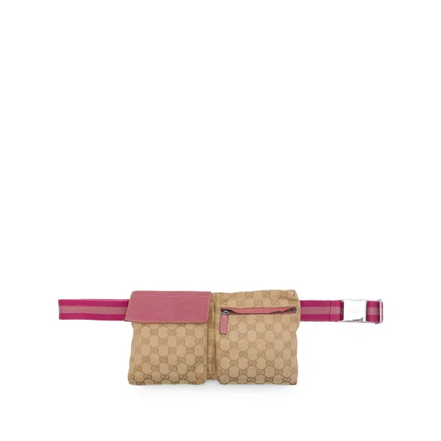 Beige Gucci GG Canvas Web Double Pocket Belt Bag in Beige Canvas from Designer Revival