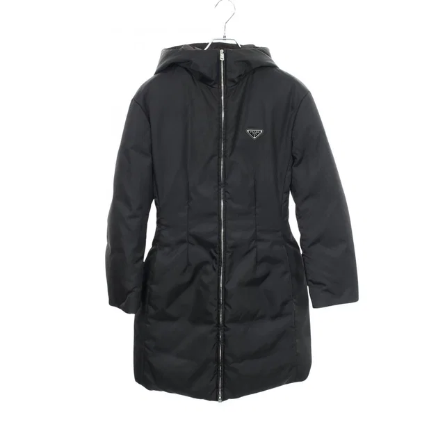 Prada Down Jacket Re-Nylon Triangle Logo Hooded Nylon Coat in Nylon from The Reluxe