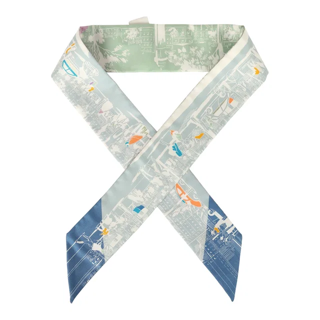 Hermès "A l'Ombre des Boulevards" Blanc, Vert, Mauve Multi Silk Twilly in White Silk from Madison Avenue Couture