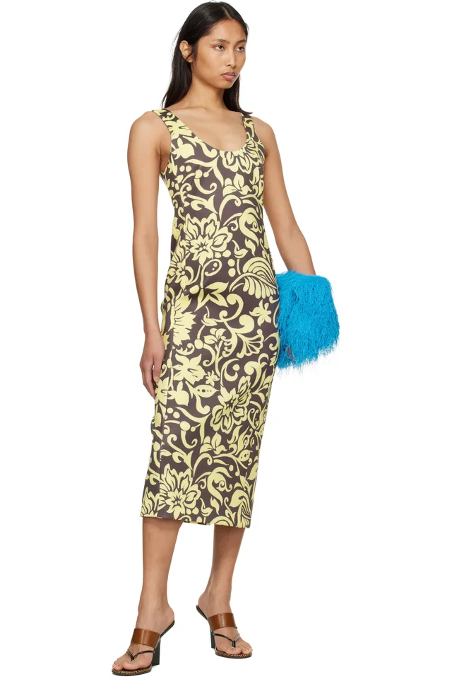 Dries Van Noten Yellow & Taupe Fitted Structured Maxi Dress, photo 4 of 4 from SSENSE