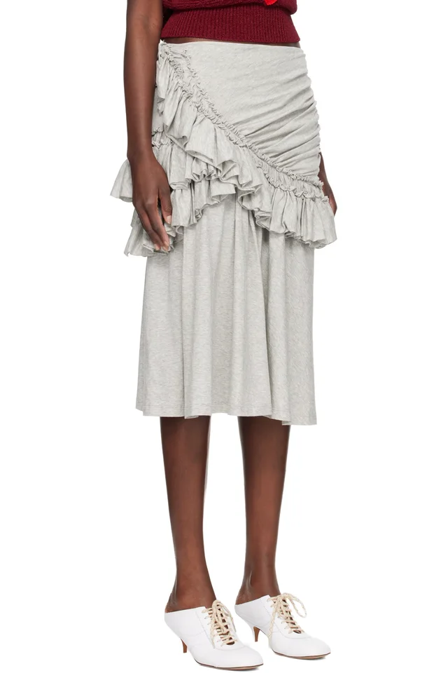 Dries Van Noten Gray Ruffled Midi Skirt, photo 2 of 4 from SSENSE